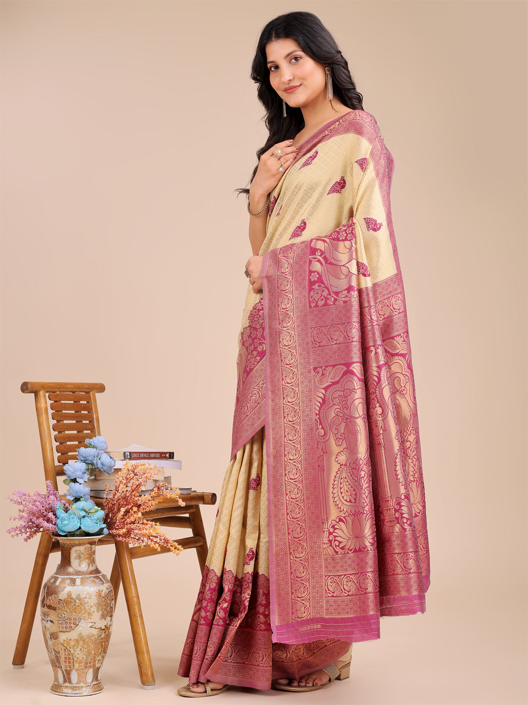 Cream & Magenta Pink Banarasi Silk Saree