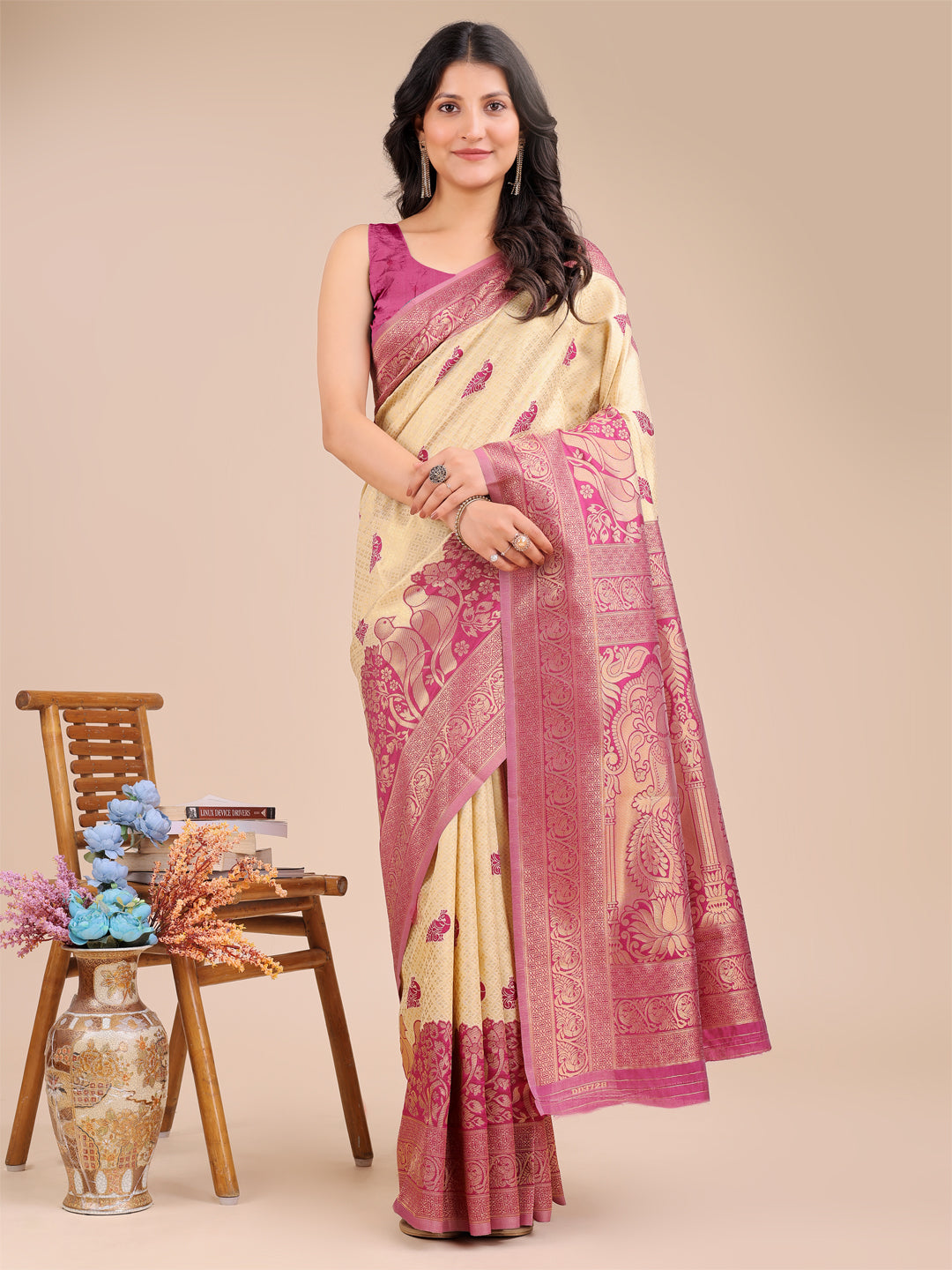 Cream & Magenta Pink Banarasi Silk Saree