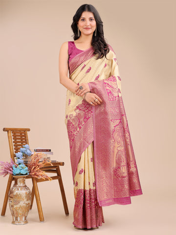 Cream & Magenta Pink Banarasi Silk Saree