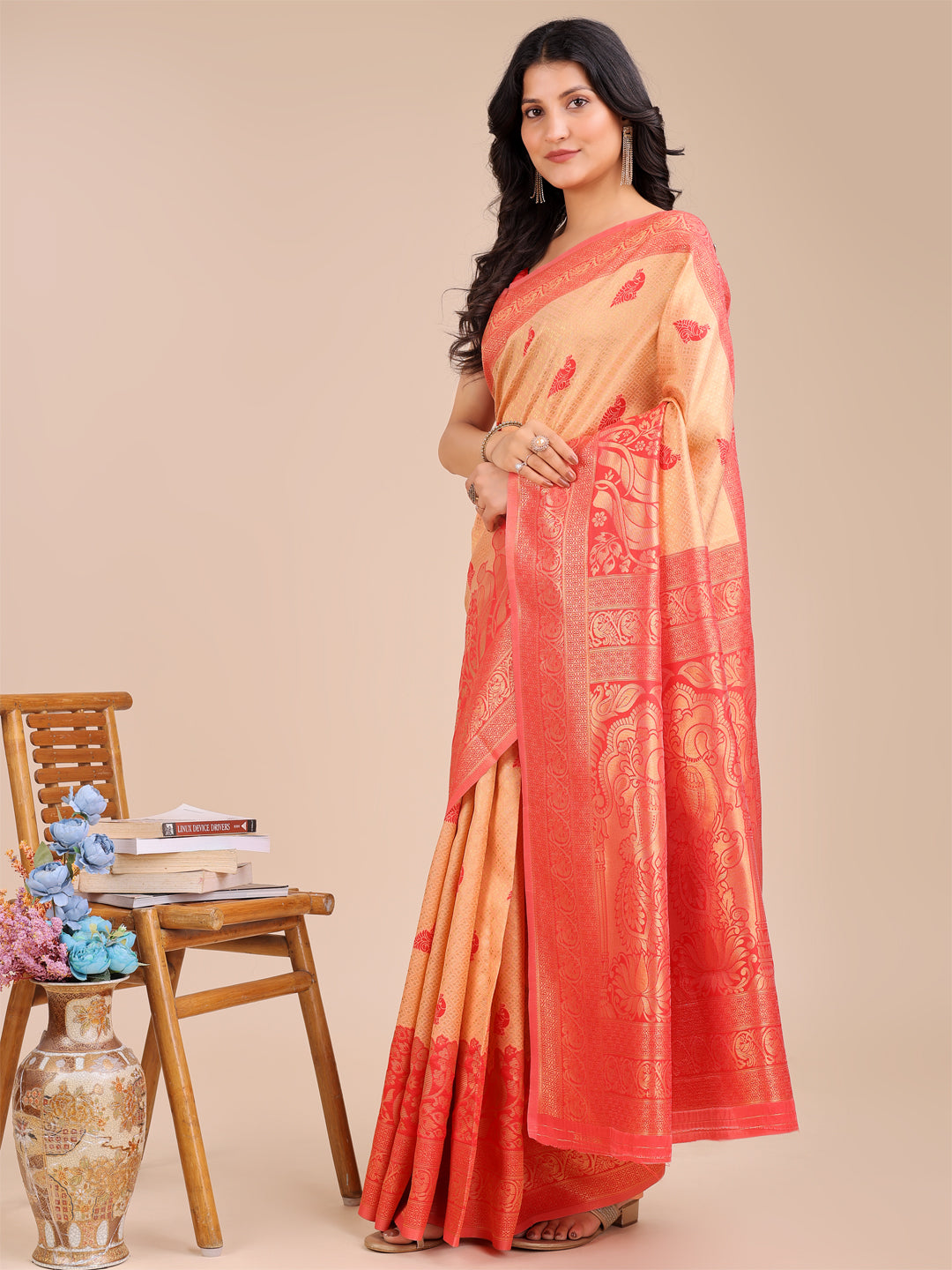 Light Red Printed Banarasi Silk Saree
