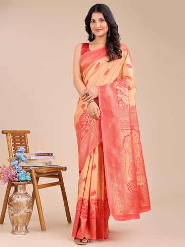 Light Red Printed Banarasi Silk Saree