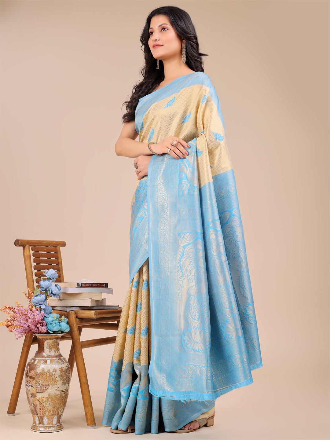 Cream & Sky Blue Banarasi Silk Saree