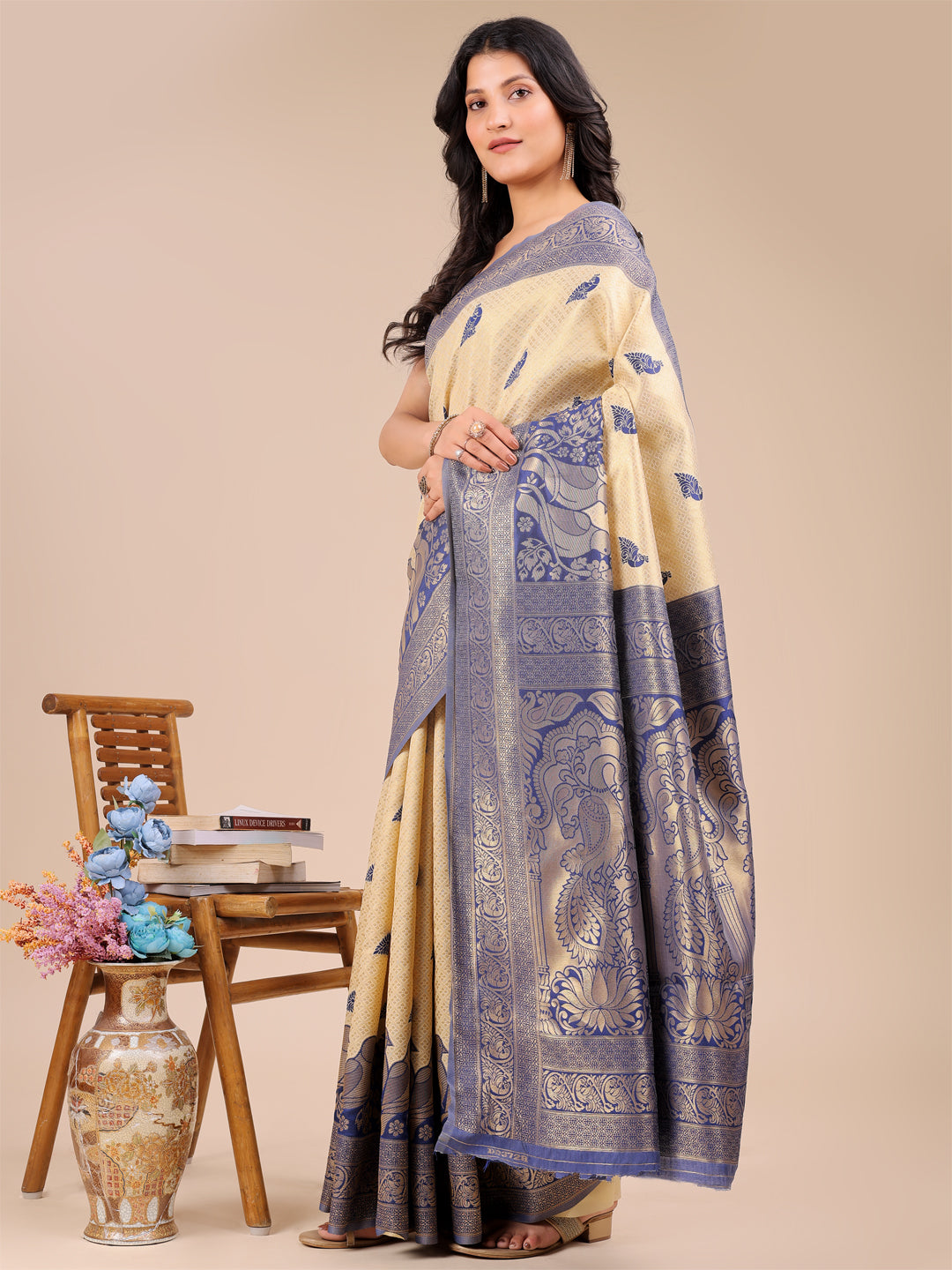 Cream & Navy Blue Banarasi Silk Saree