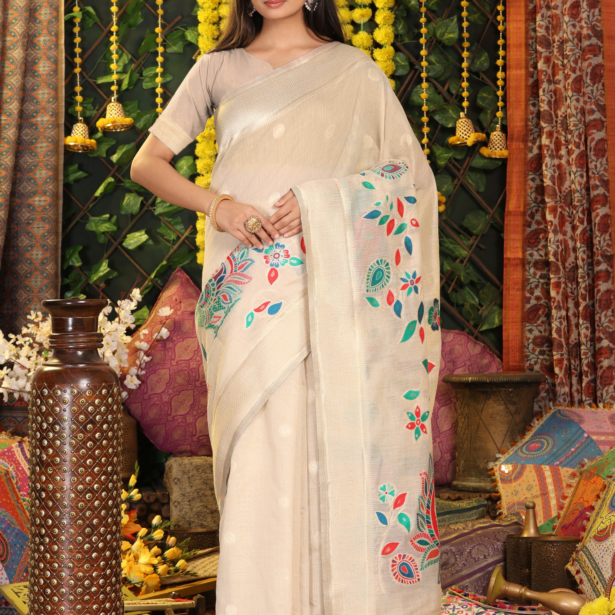 Cream Linen Cotton Saree