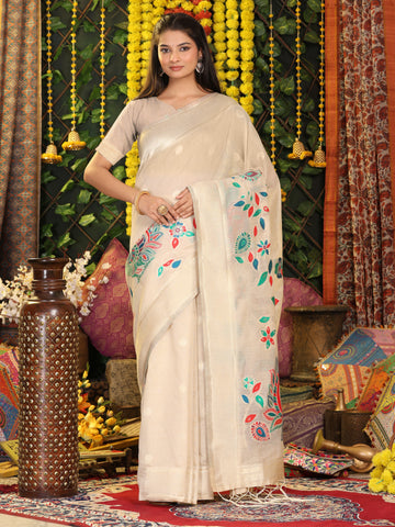 Cream Linen Cotton Saree