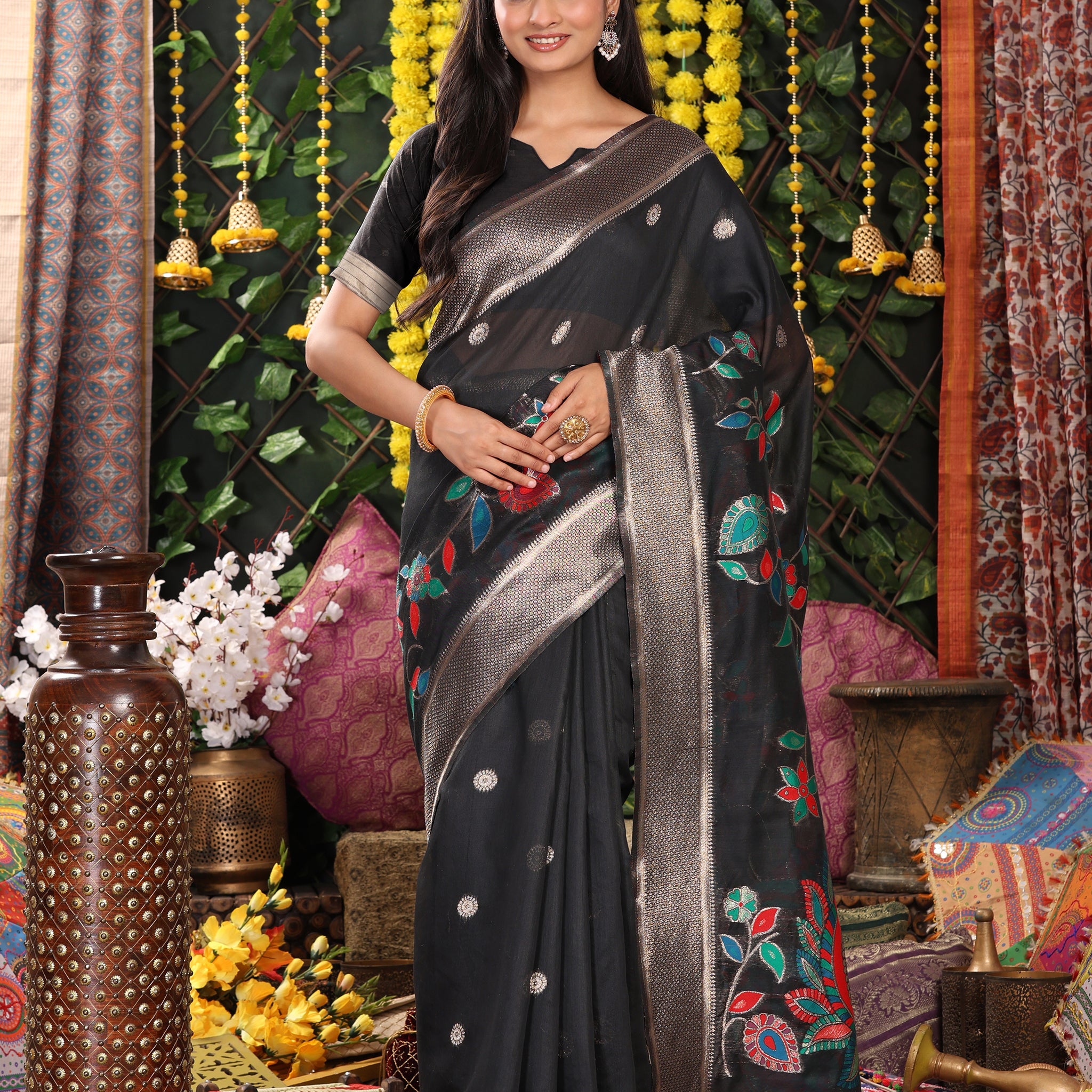 Black Linen Cotton Saree