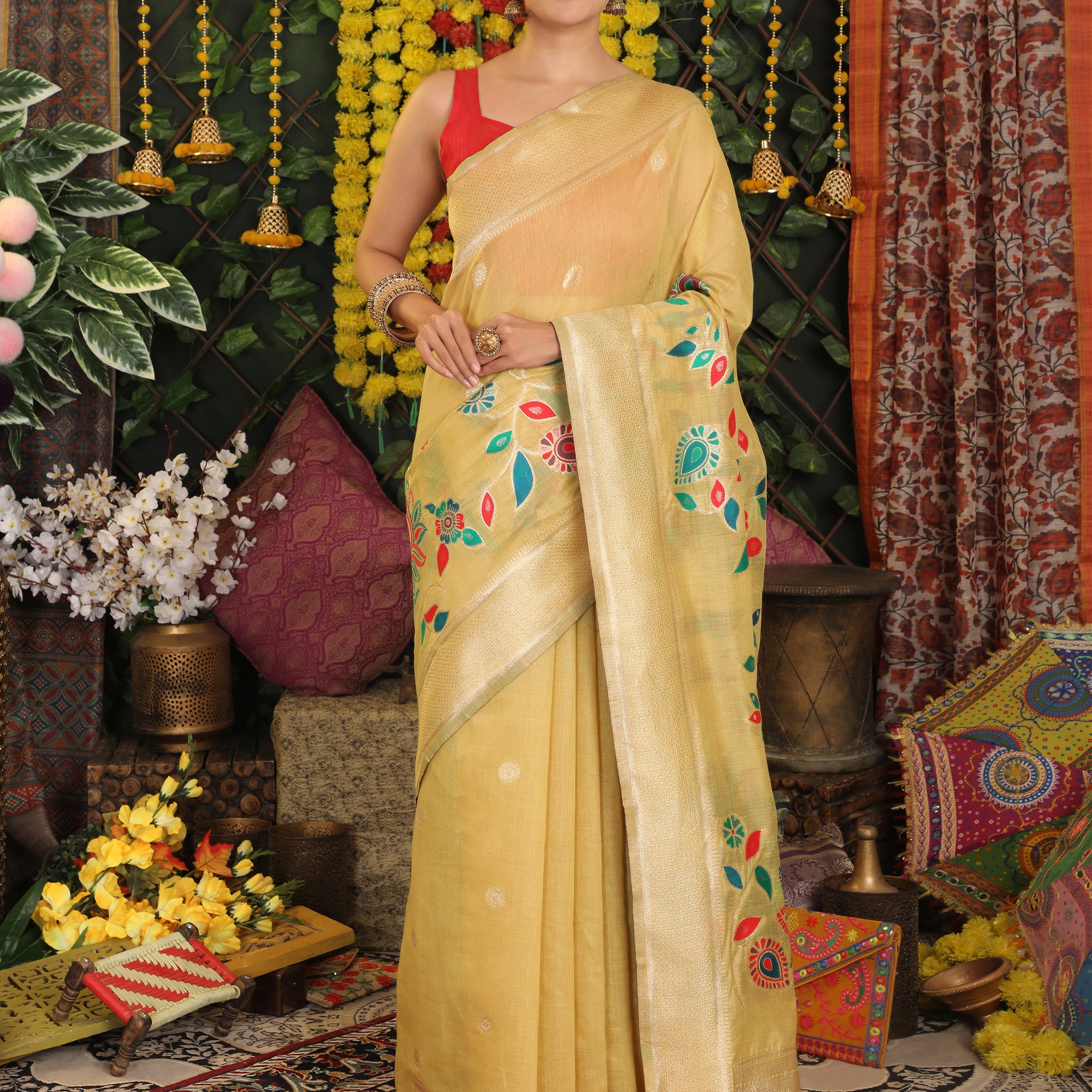 Light Yellow Linen Cotton Saree