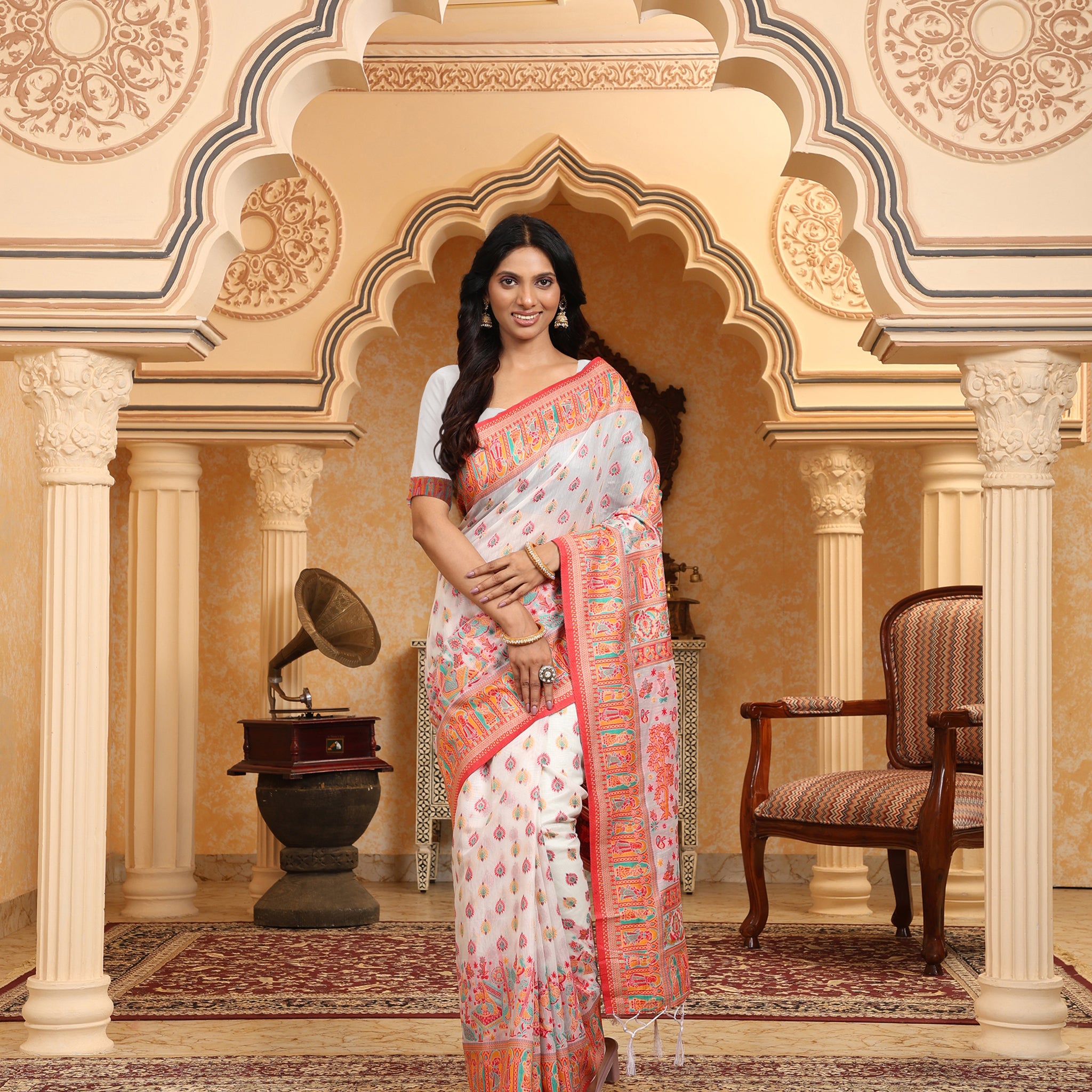 Multicolor Linen Cotton Saree