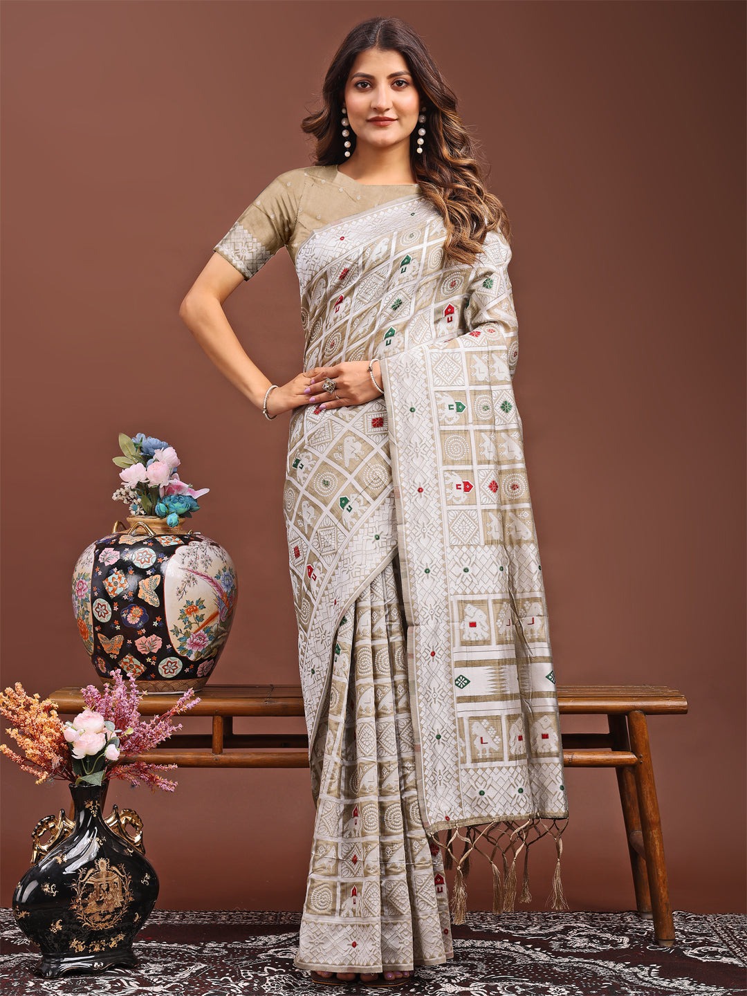 Brown Linen Cotton Saree
