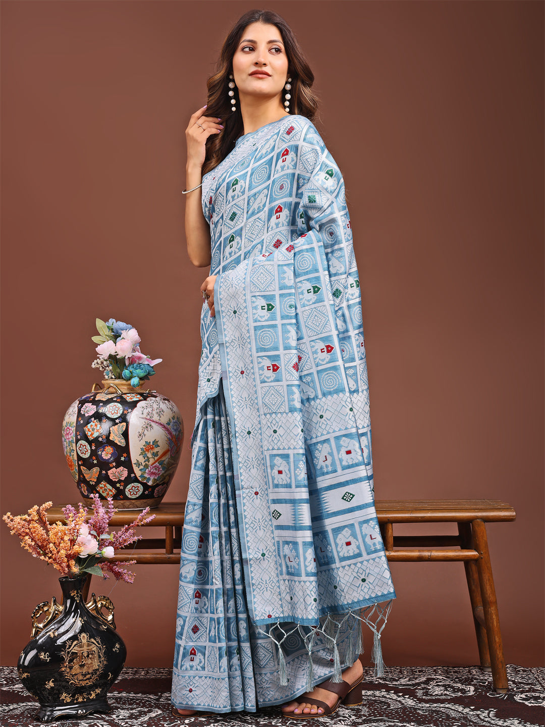 Sky Blue Linen Cotton Saree