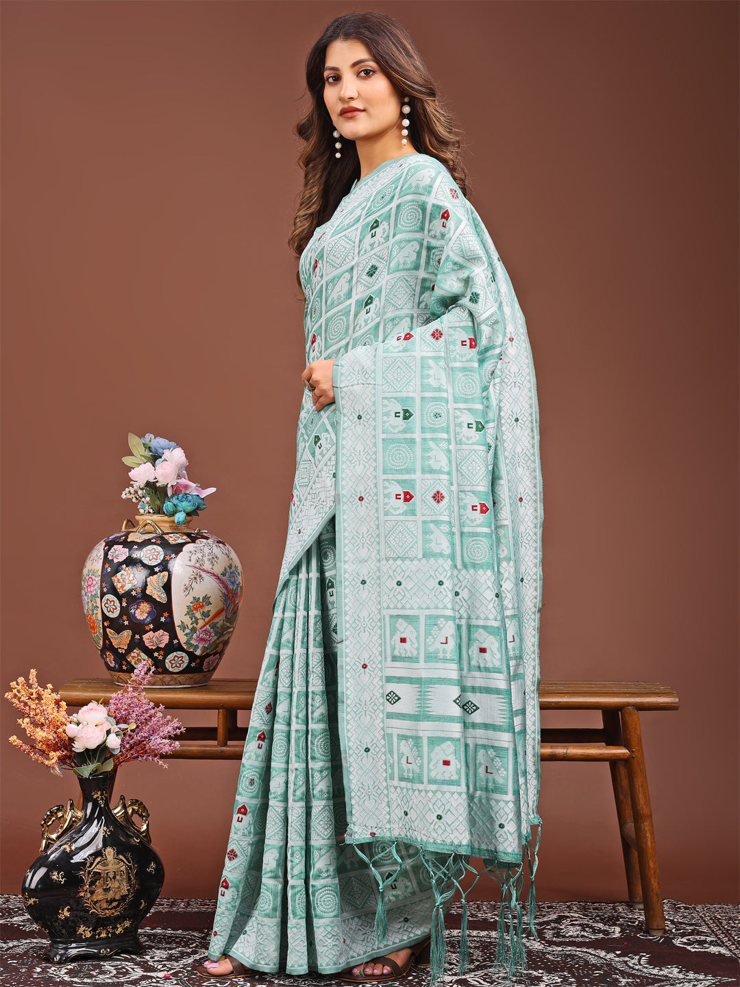 Sea Green Linen Cotton Saree