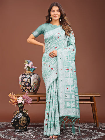 Sea Green Linen Cotton Saree