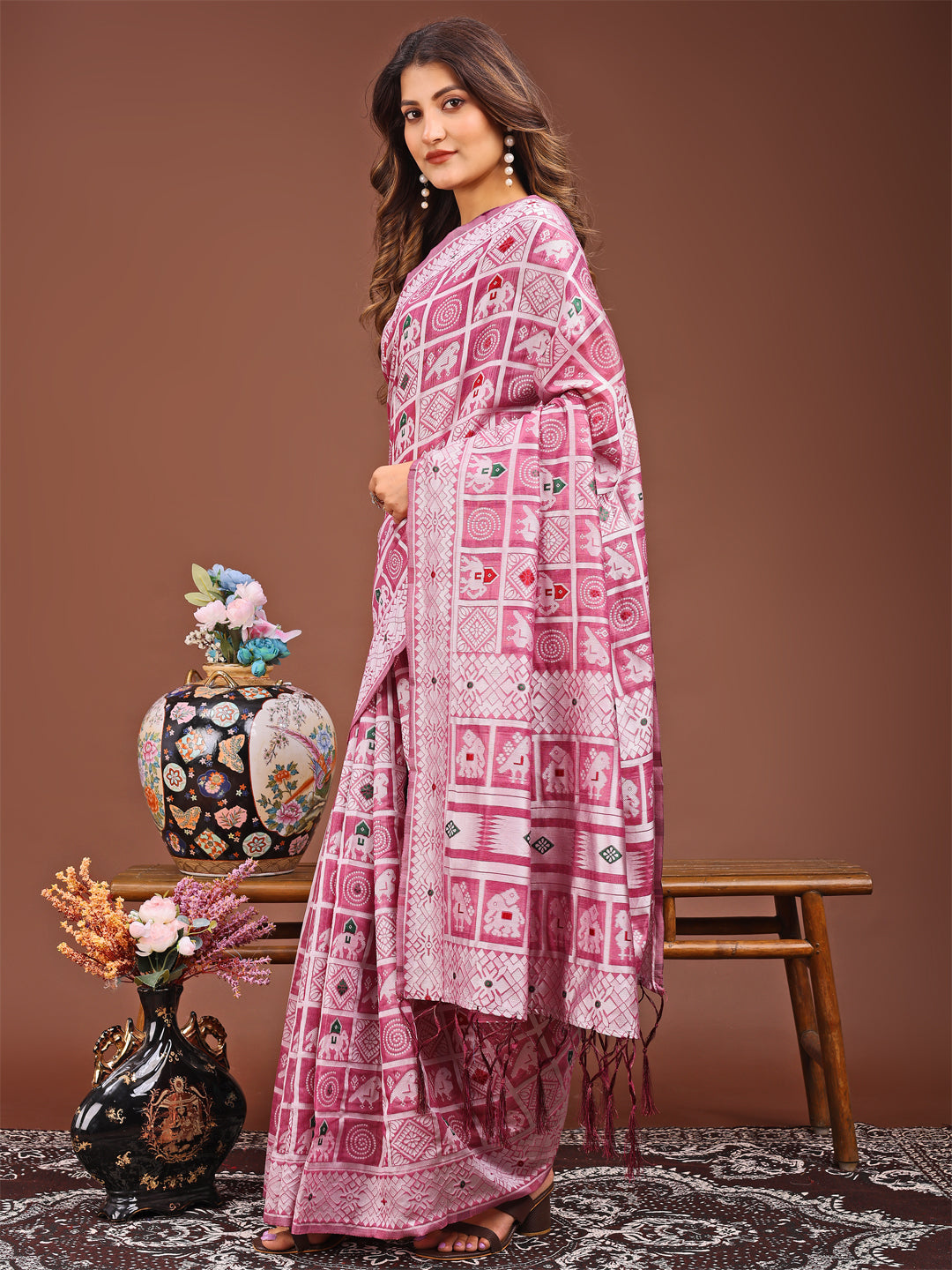 Pink Linen Cotton Saree
