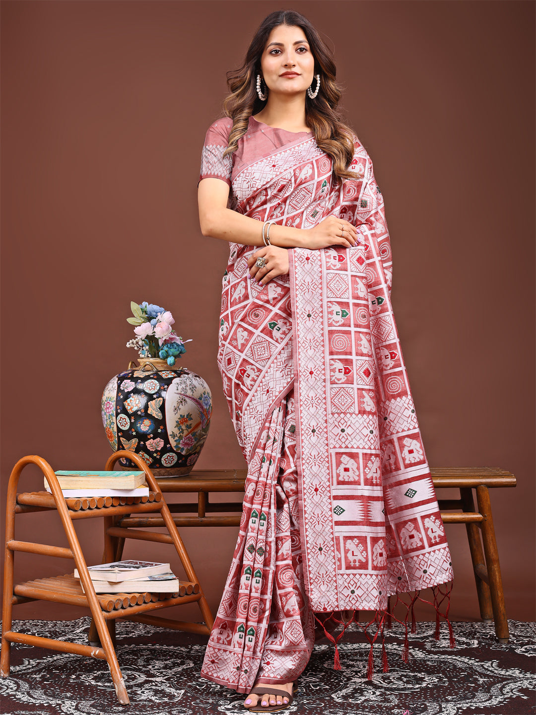 Peach Linen Cotton Saree