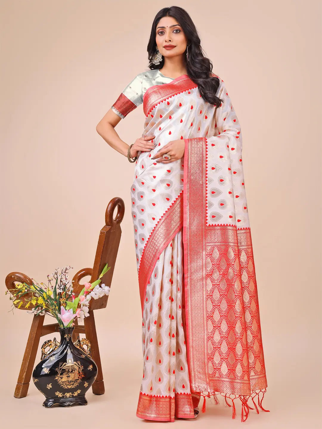 White Banarasi Silk Saree