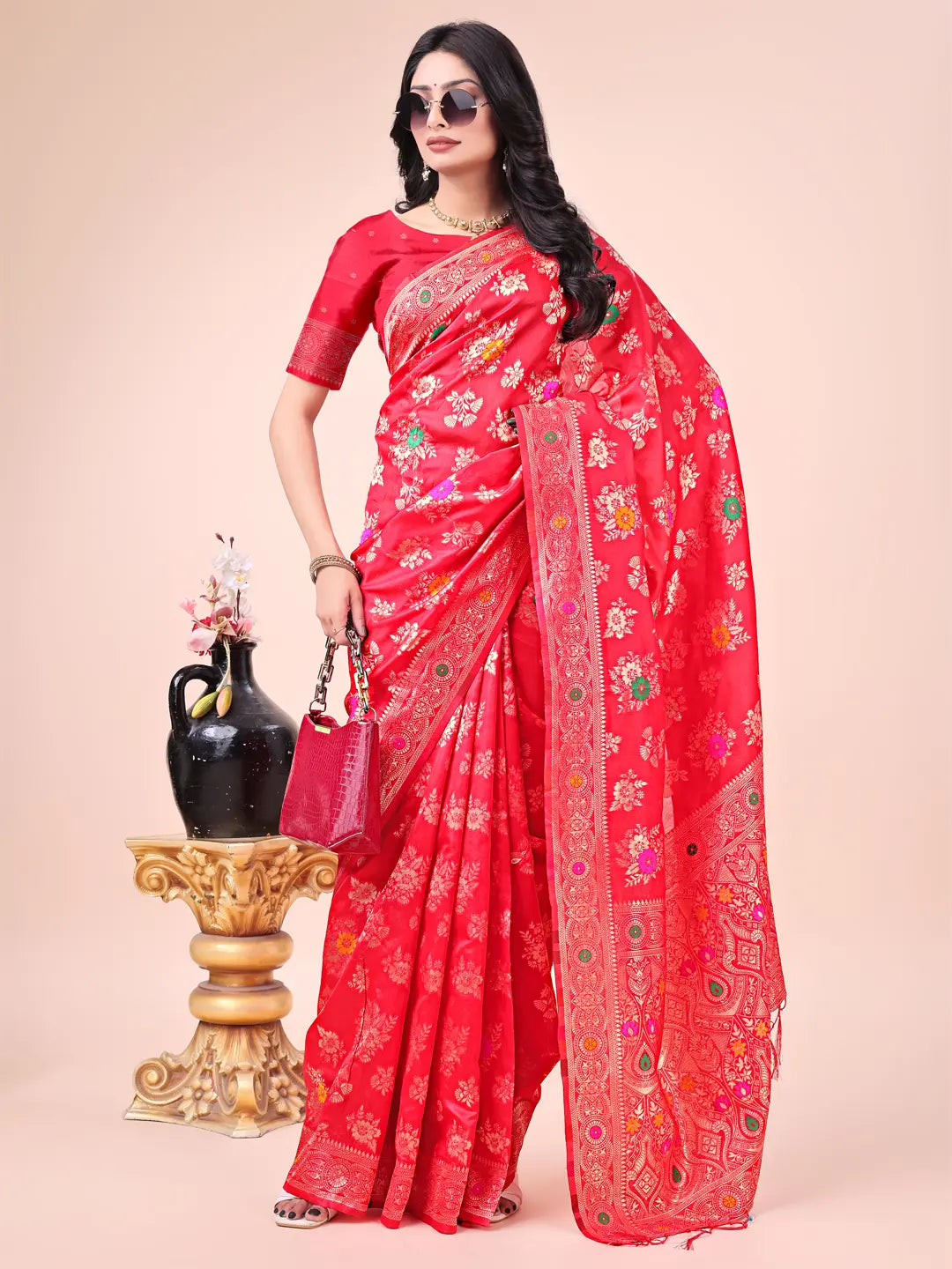 Velvet Red Printed Banarasi Silk Saree