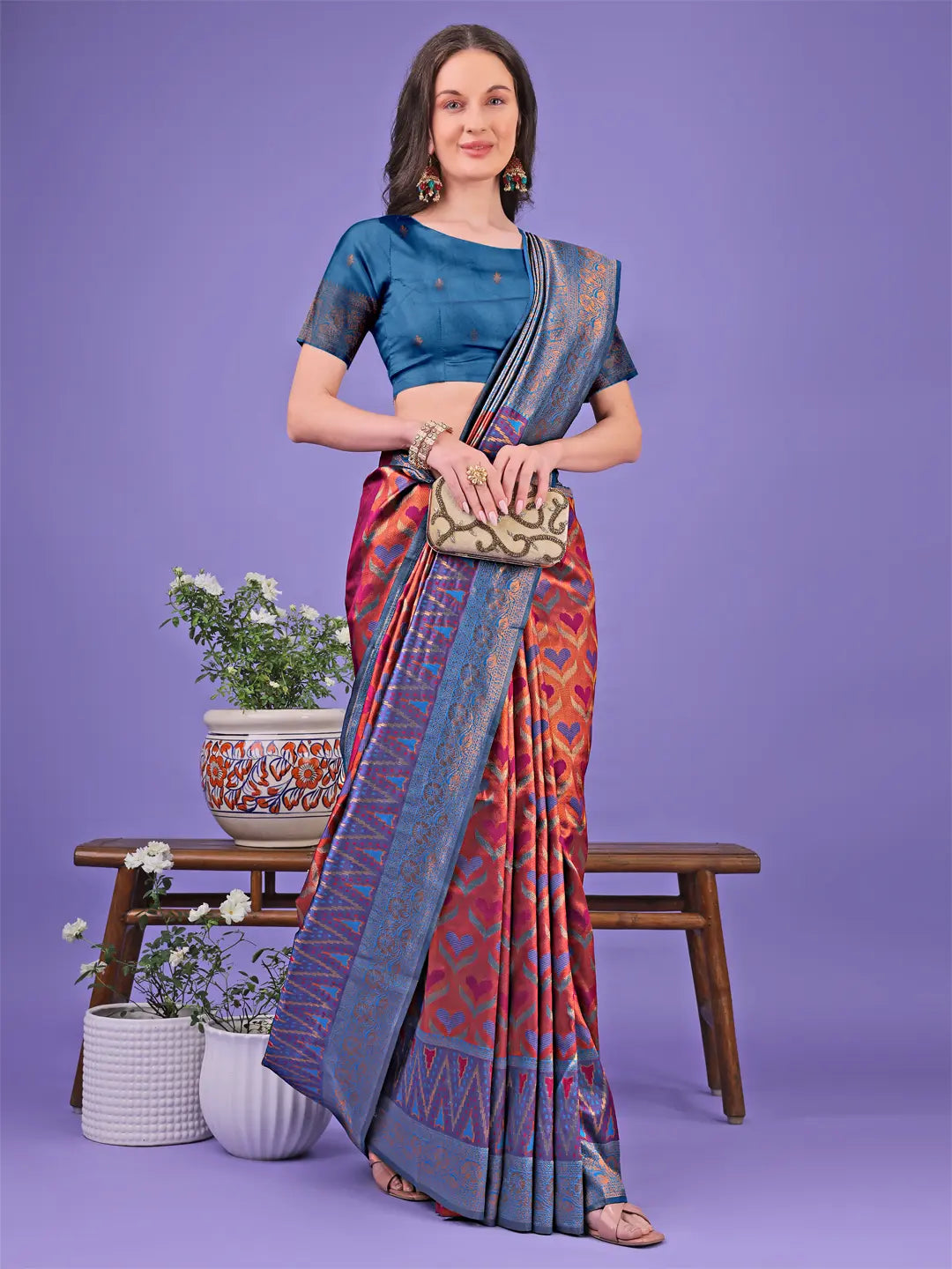 Red & Blue Litchi Silk Saree