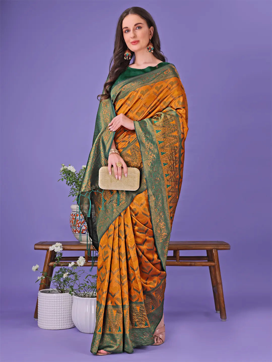Mustard Yellow Litchi Silk Saree