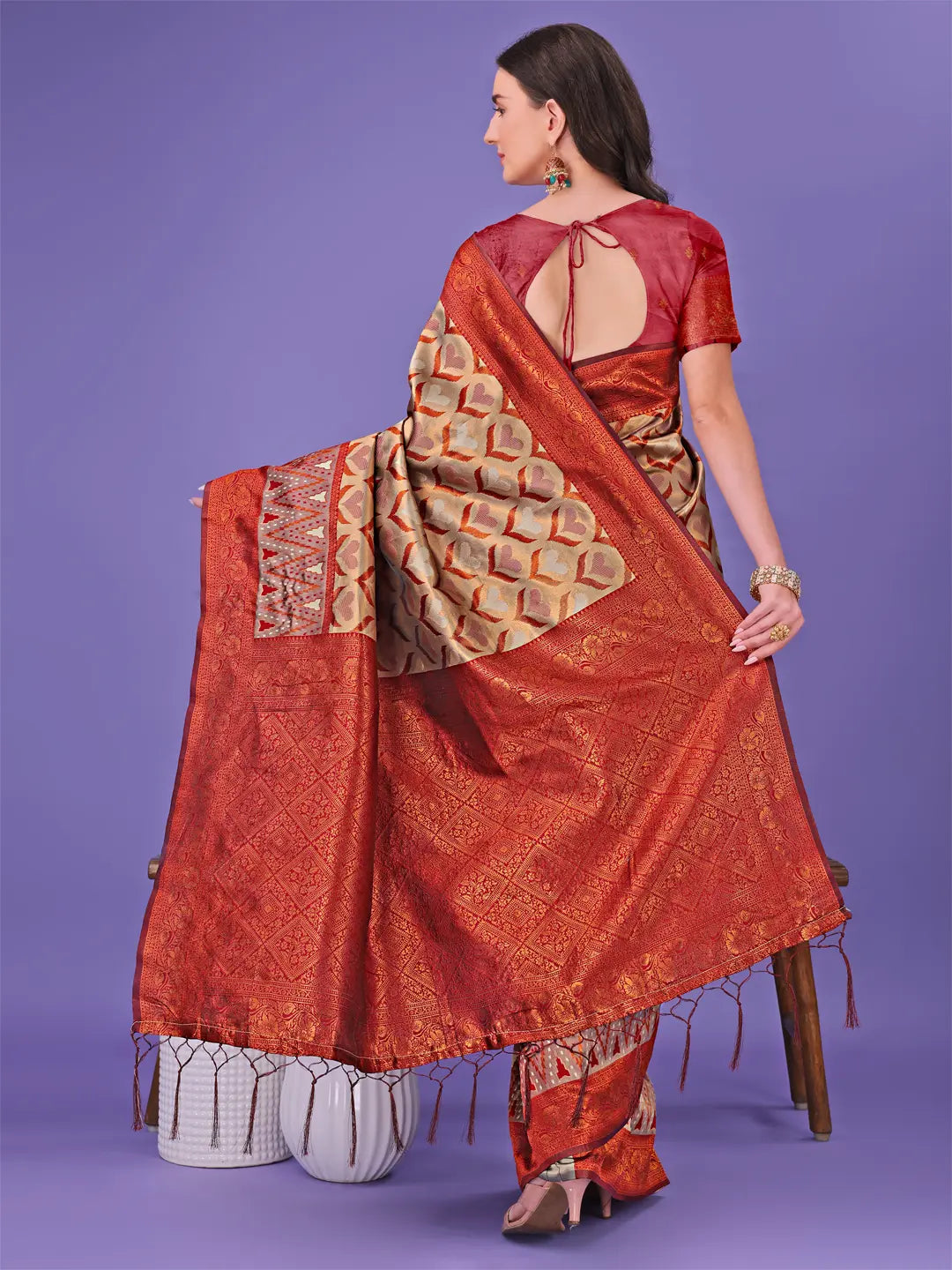 Red Cream Litchi Silk Saree