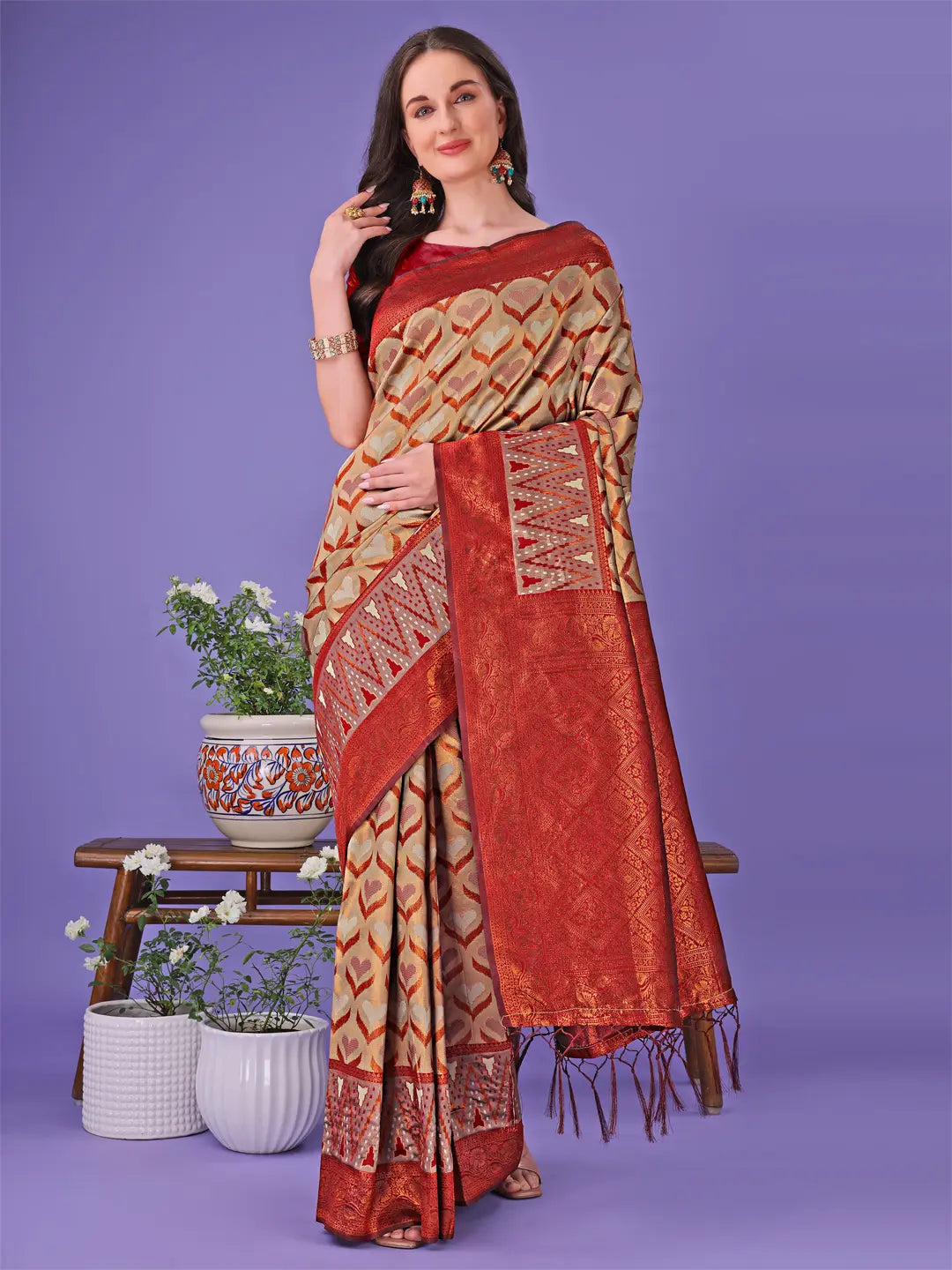 Red Cream Litchi Silk Saree