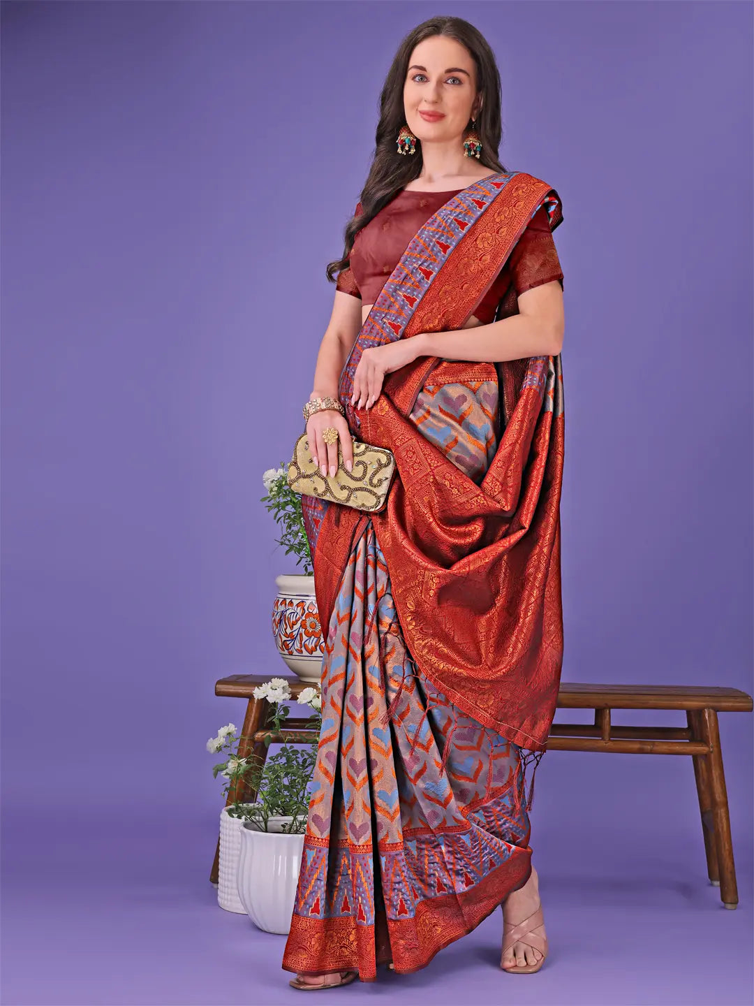 Red & Gray Litchi Silk Saree