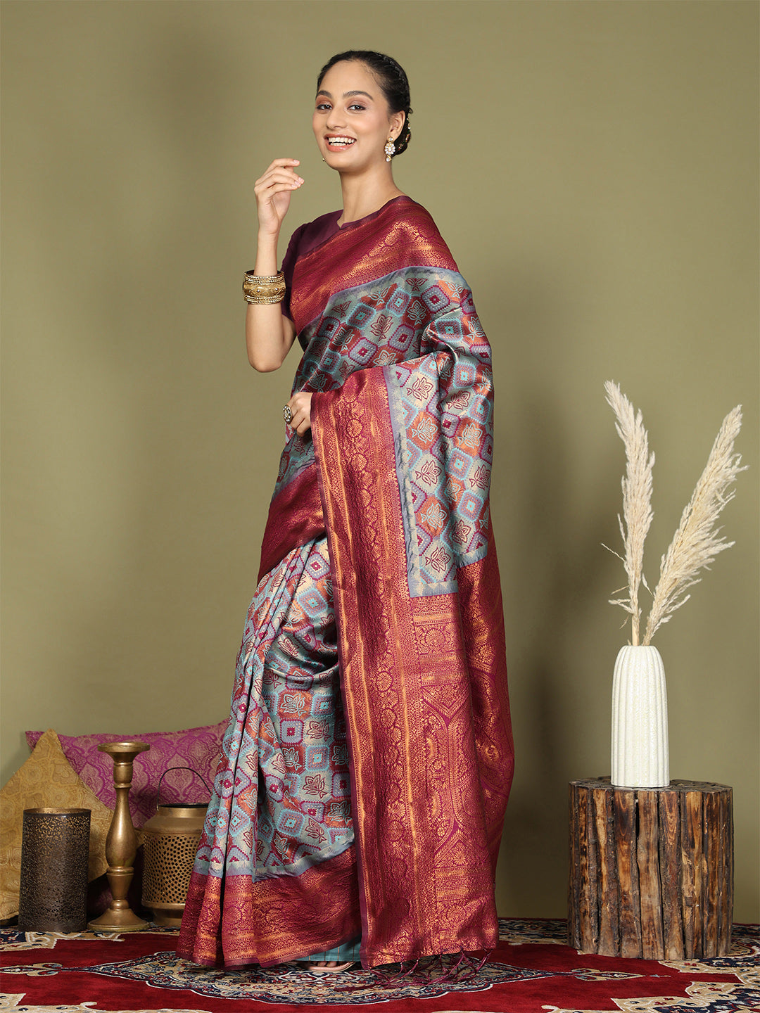 Teal Blue Litchi Silk Saree