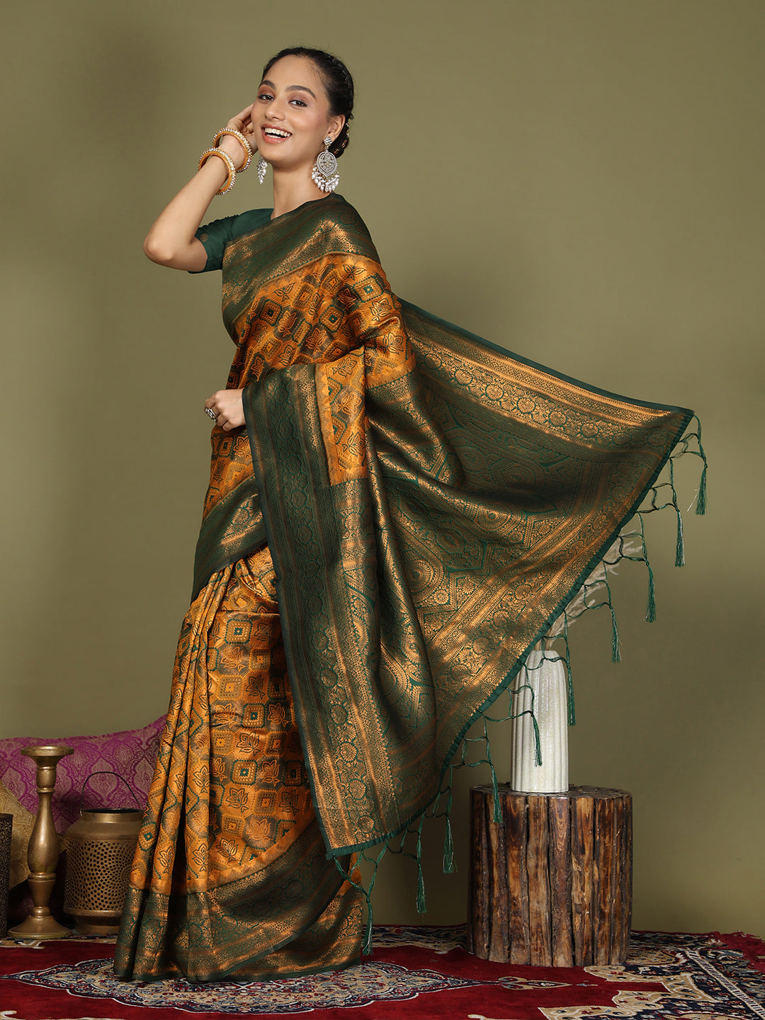 Mustard Yellow Litchi Silk Saree