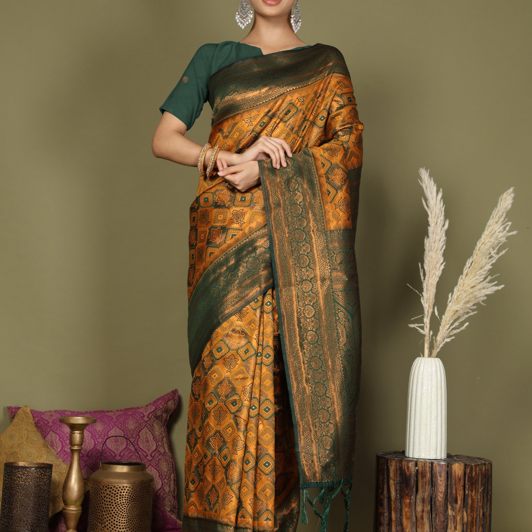 Mustard Yellow Litchi Silk Saree