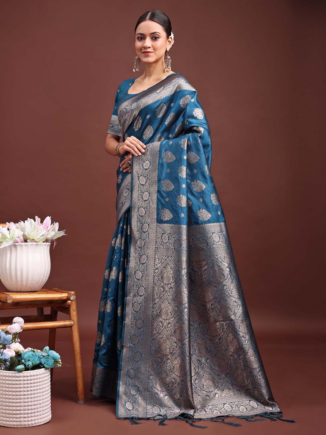 Teal Blue Banarasi Silk Saree