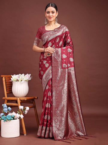 Marron & Silver Banarasi Silk Saree