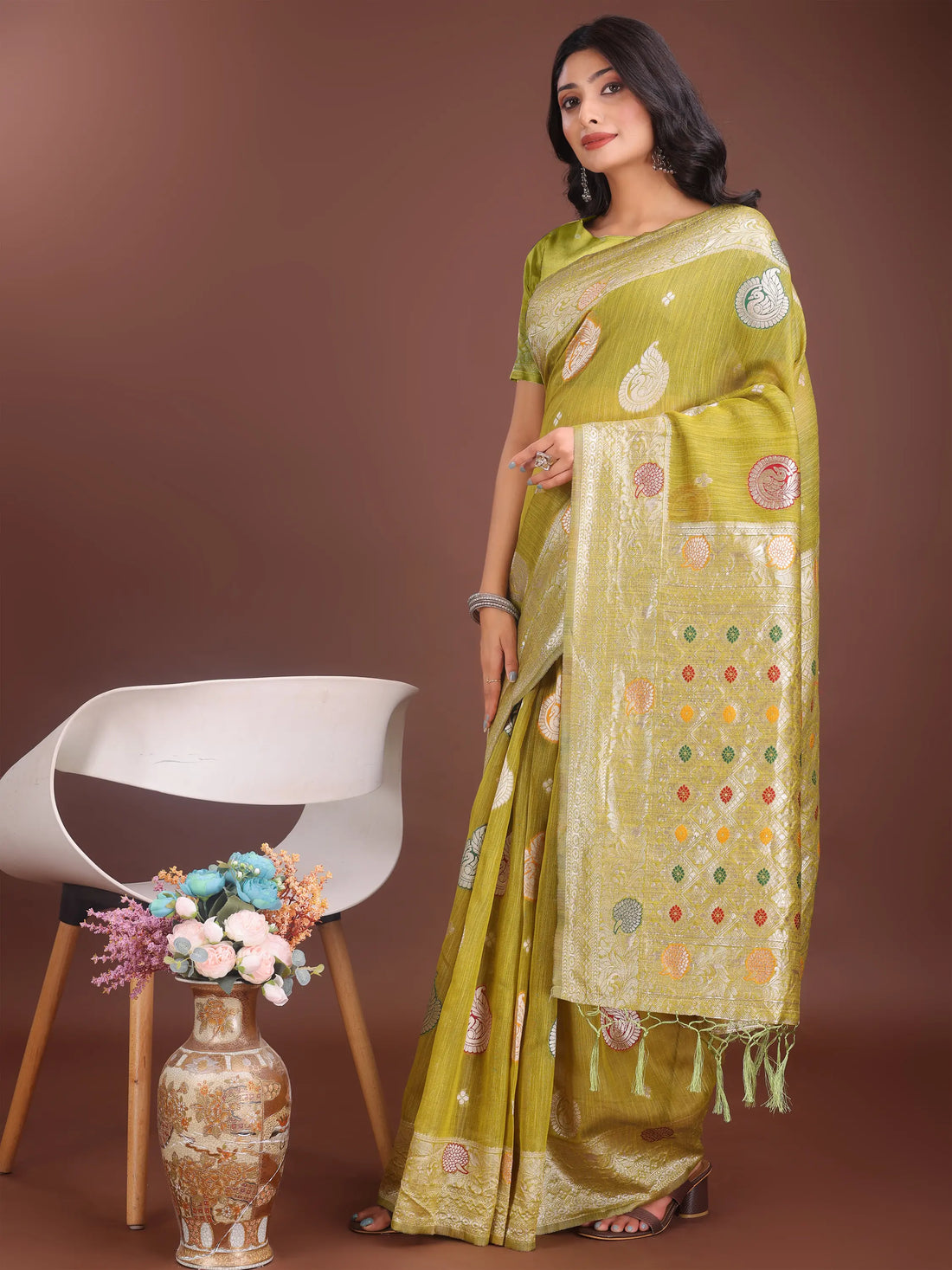Mustard Yellow Linen Cotton Saree