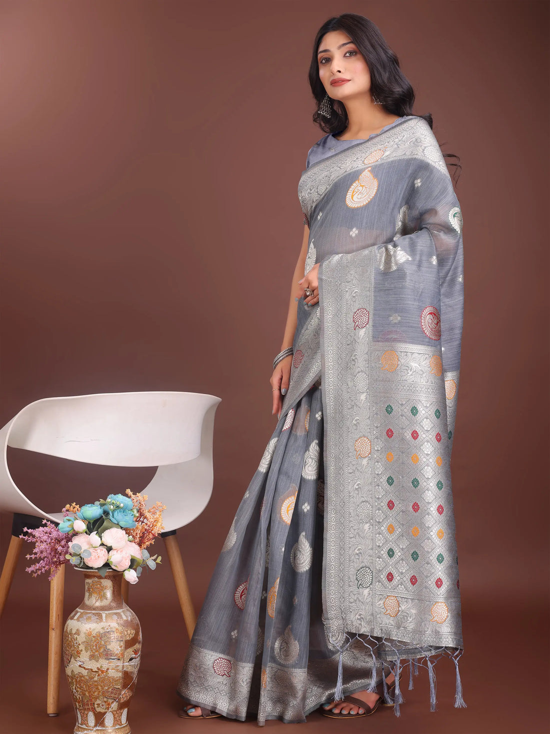 Gray Linen Cotton Saree