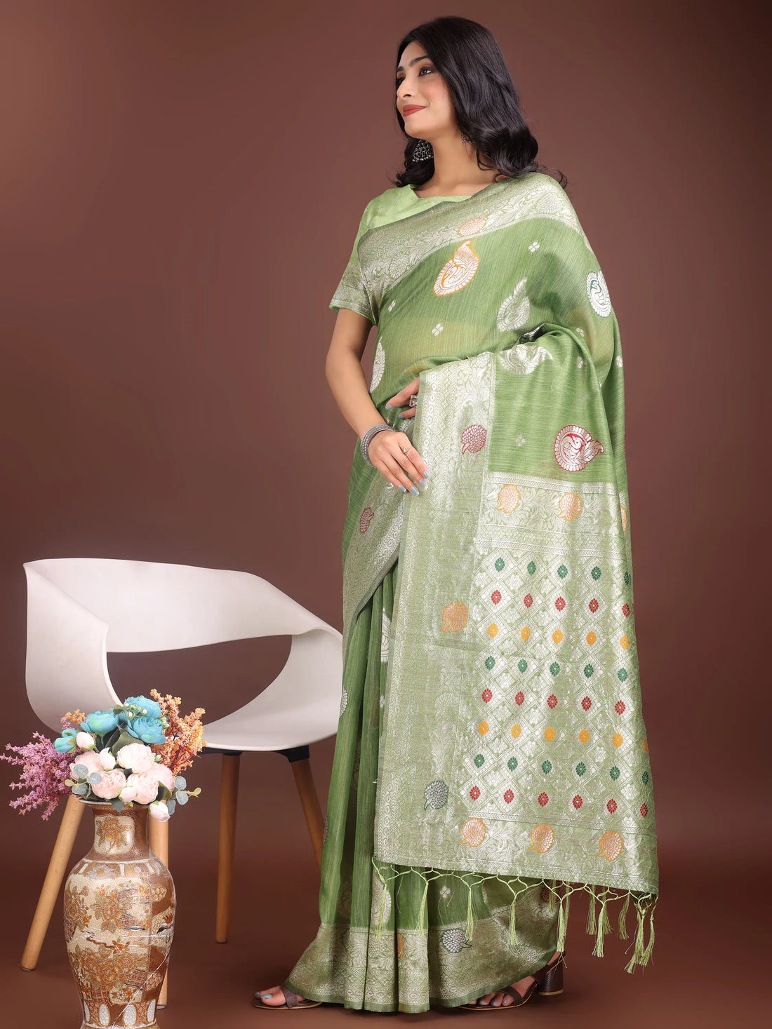 Light Green Linen Cotton Saree