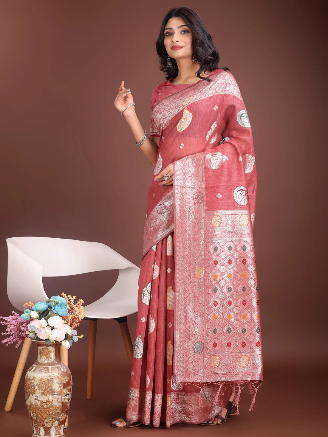 Pink Linen Cotton Saree