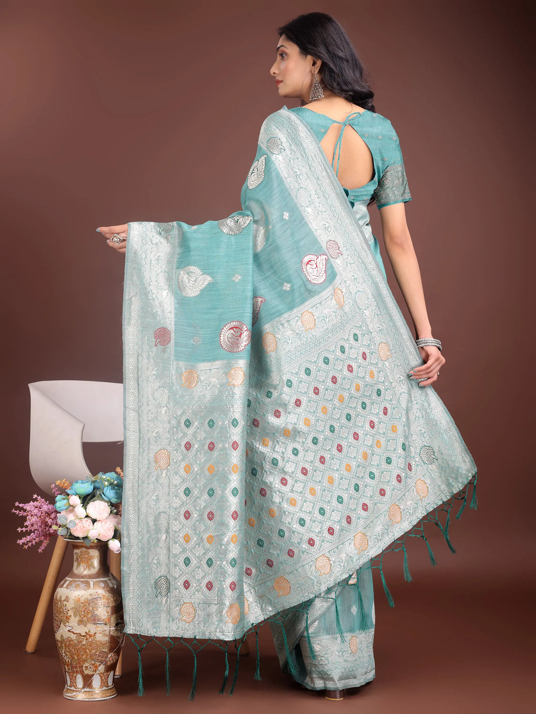 Sea Green Linen Cotton Saree