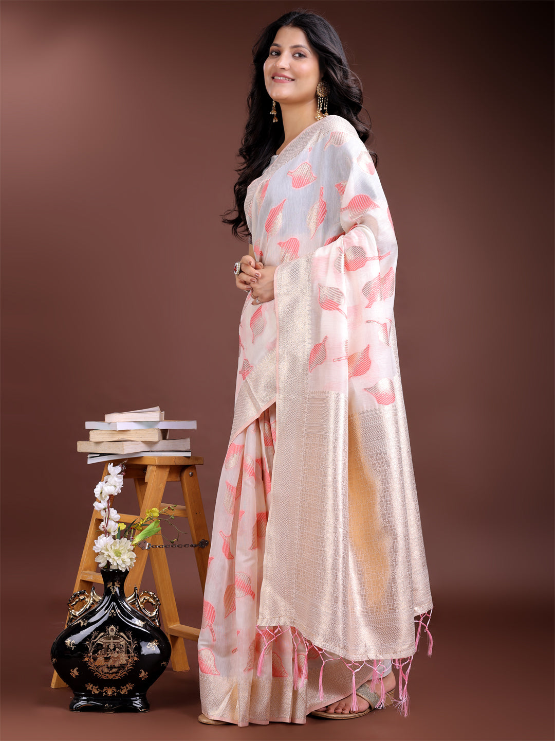 White & Pink Cotton Saree