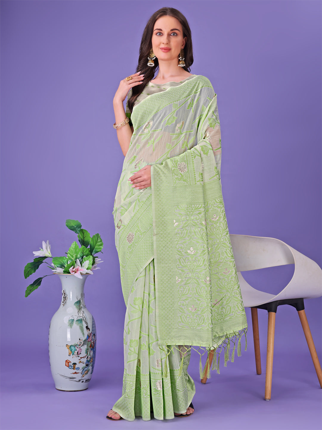 Light Green Linen Cotton Saree