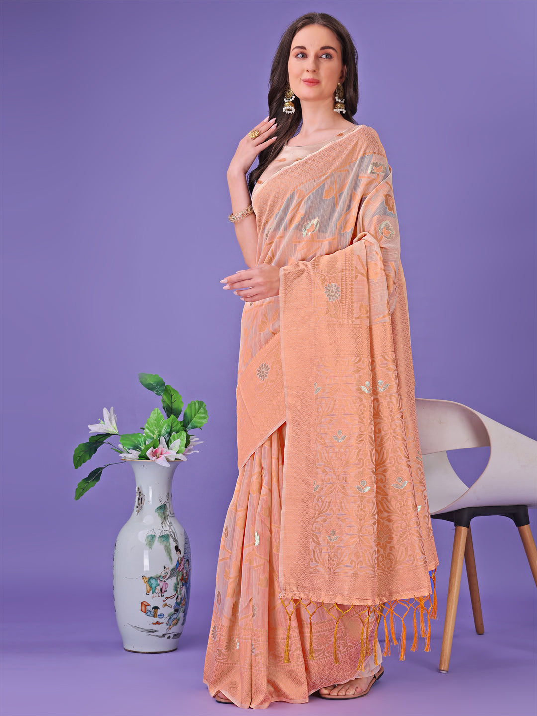 Peach Linen Cotton Saree
