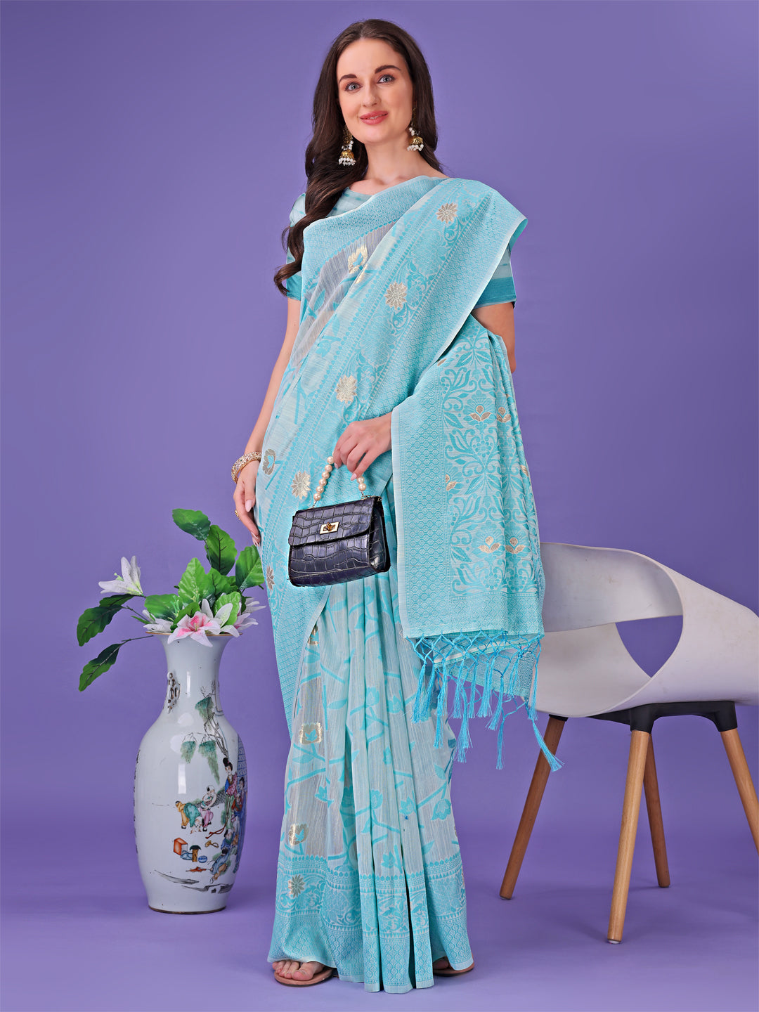 Sky Blue Linen Cotton Saree
