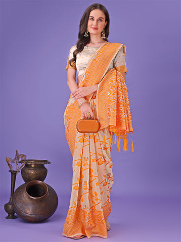 Orange Linen Cotton Saree