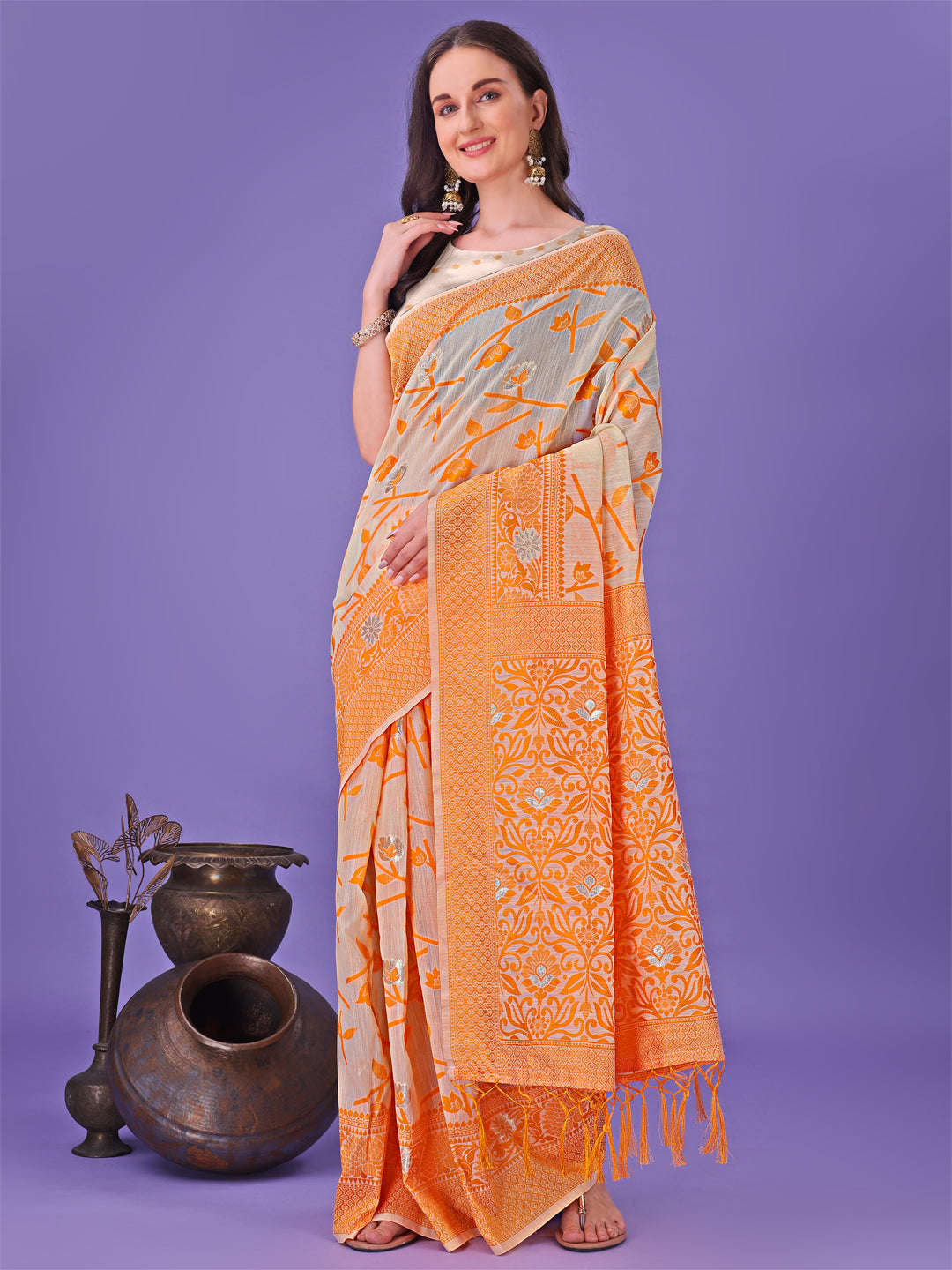 Orange Linen Cotton Saree