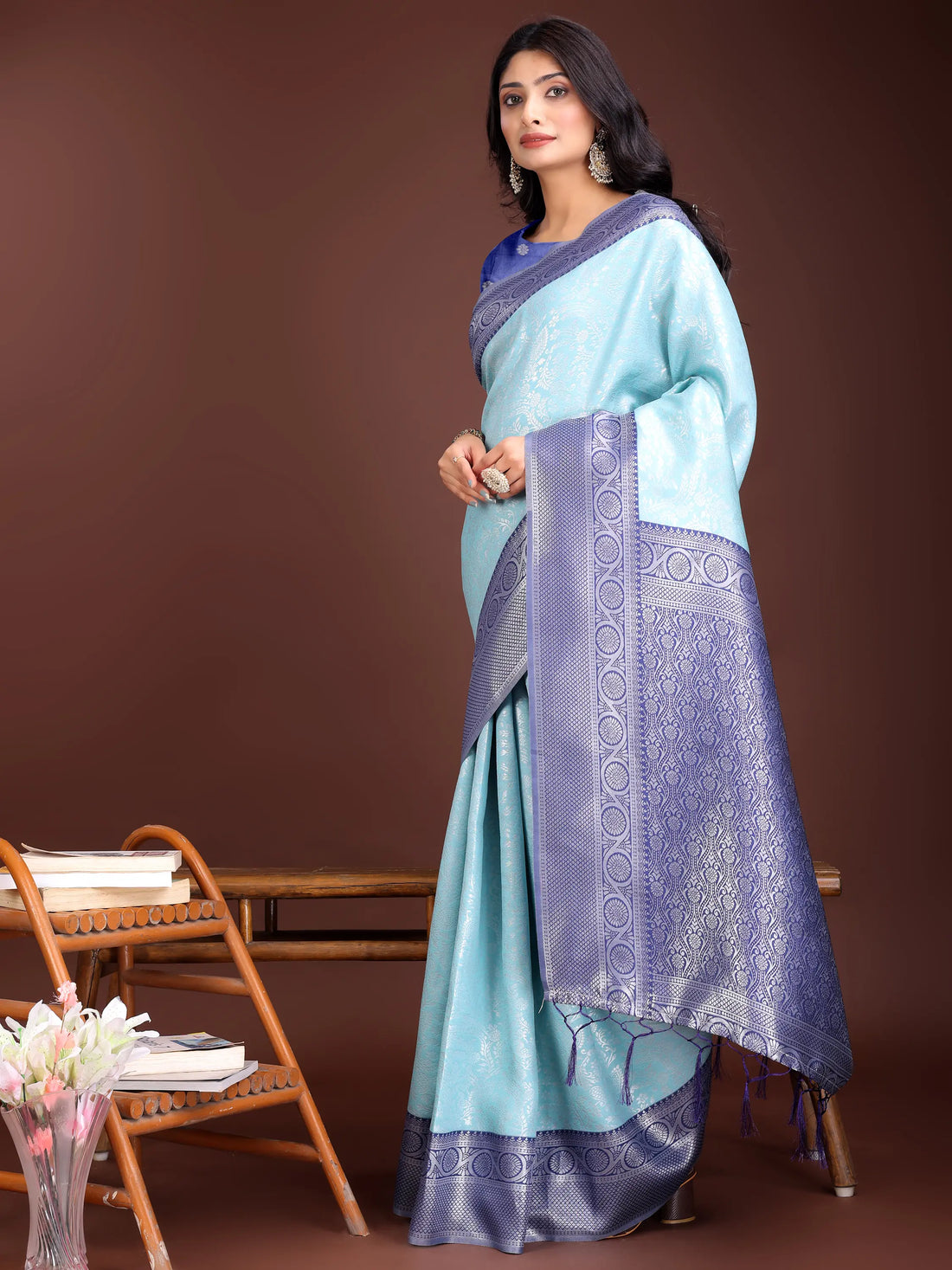 Teal Blue Litchi Silk Saree