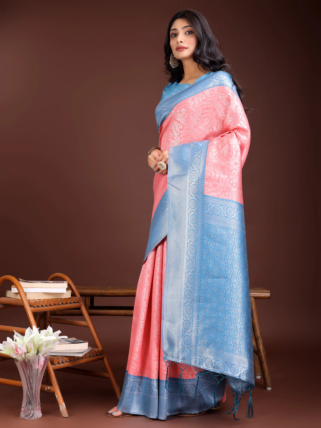 Peach & Blue Litchi Silk Saree