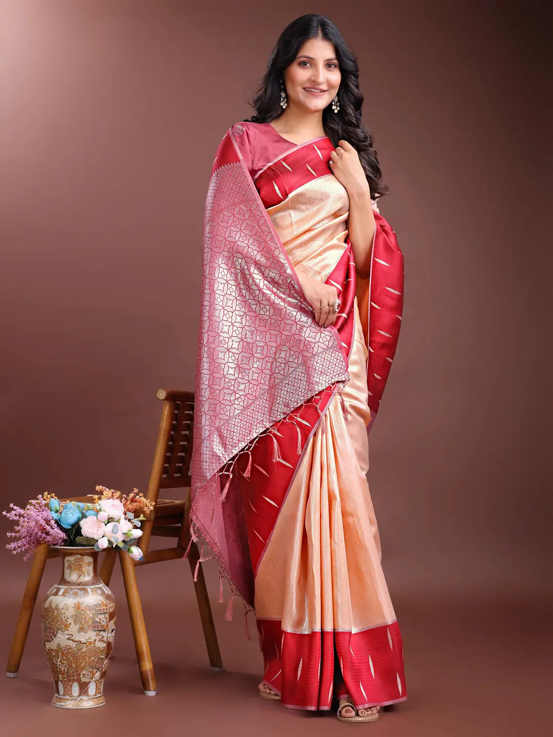 Light Orange Litchi Silk Saree