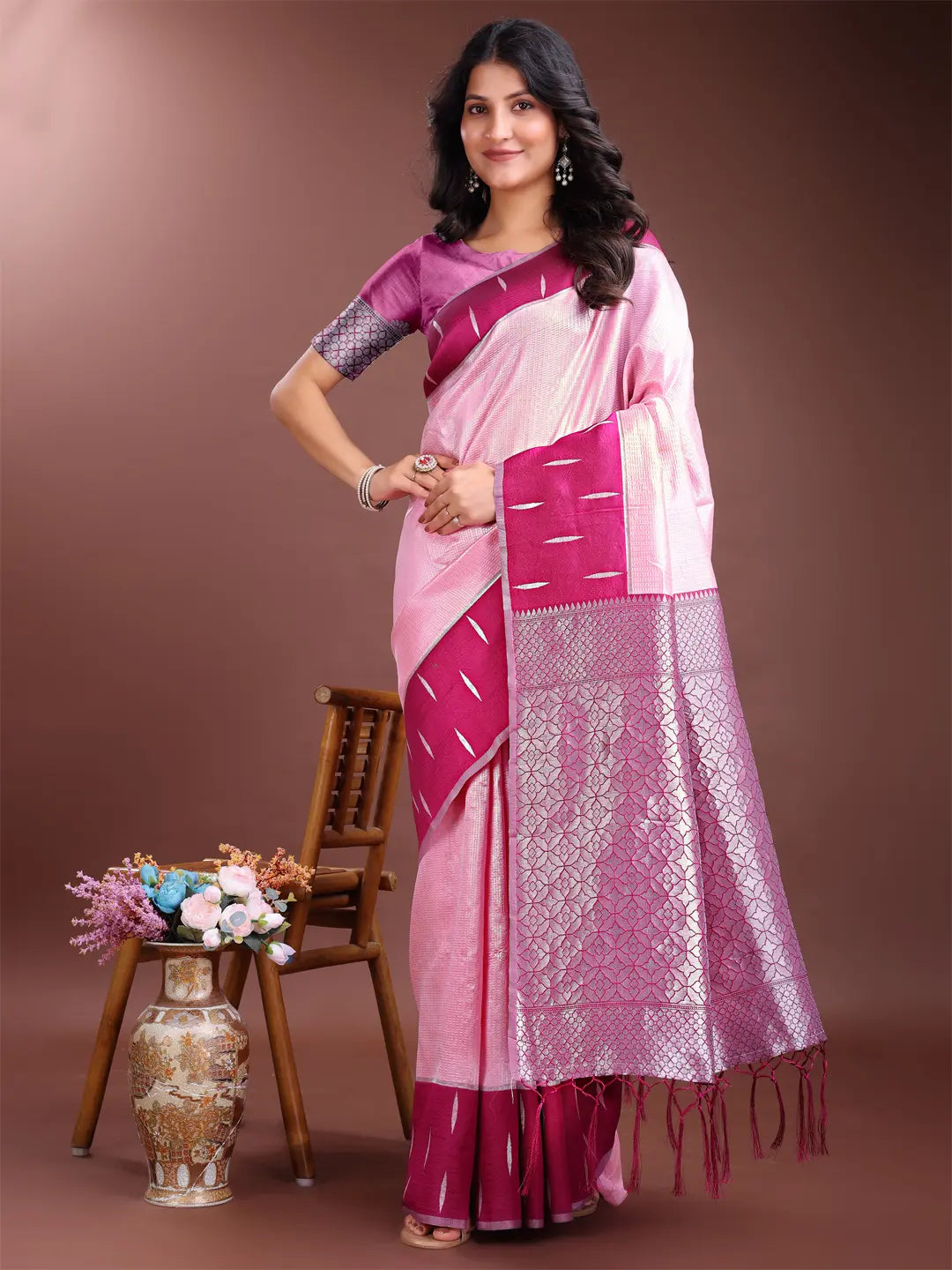 Rose Pink Litchi Silk Saree