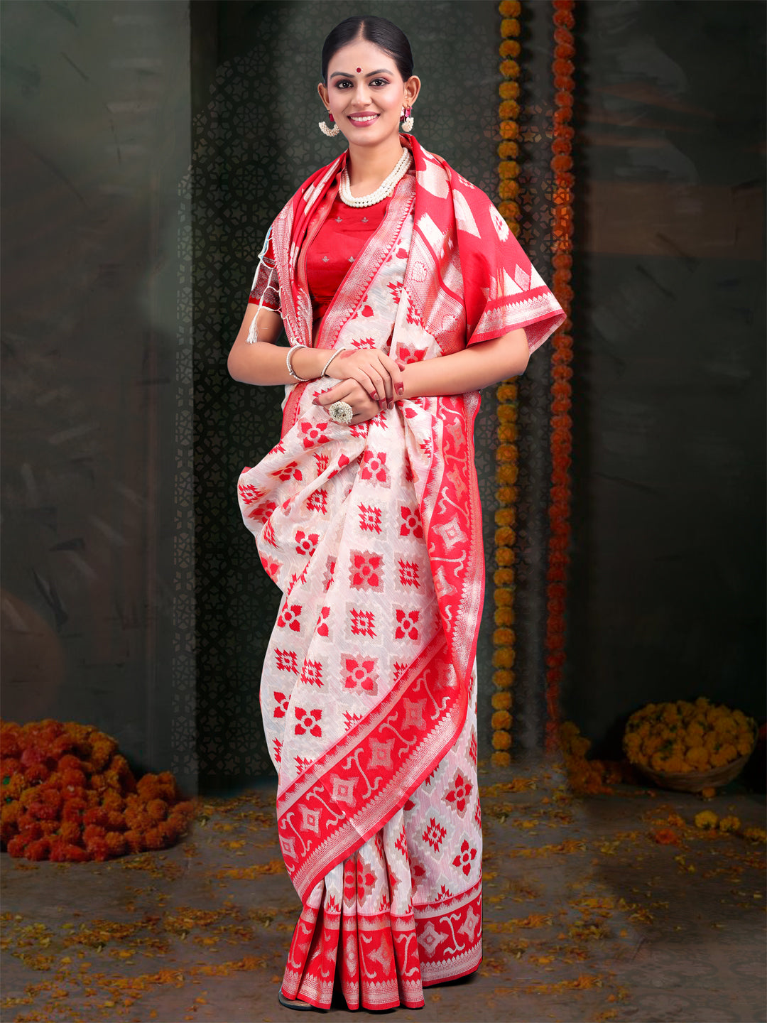 Red & White Linen Cotton Saree