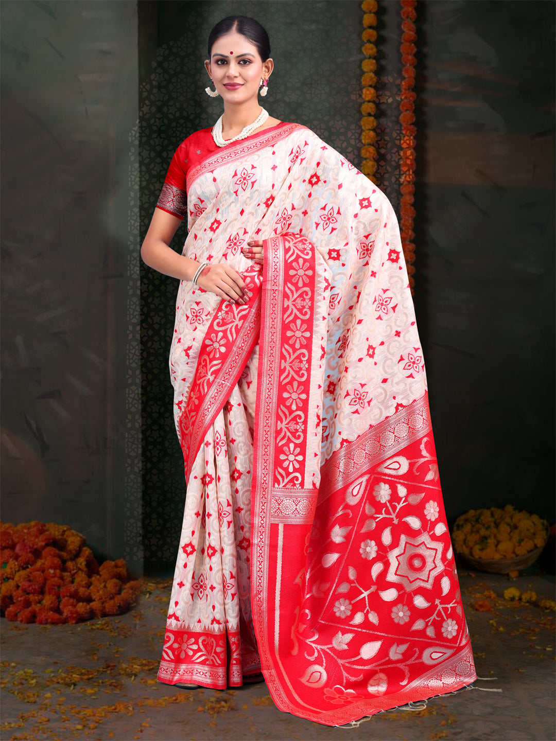 Red & White Linen Cotton Saree