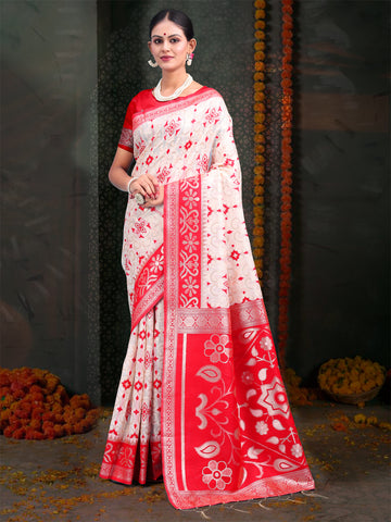 Red & White Linen Cotton Saree