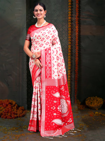 Red & White Linen Cotton Saree