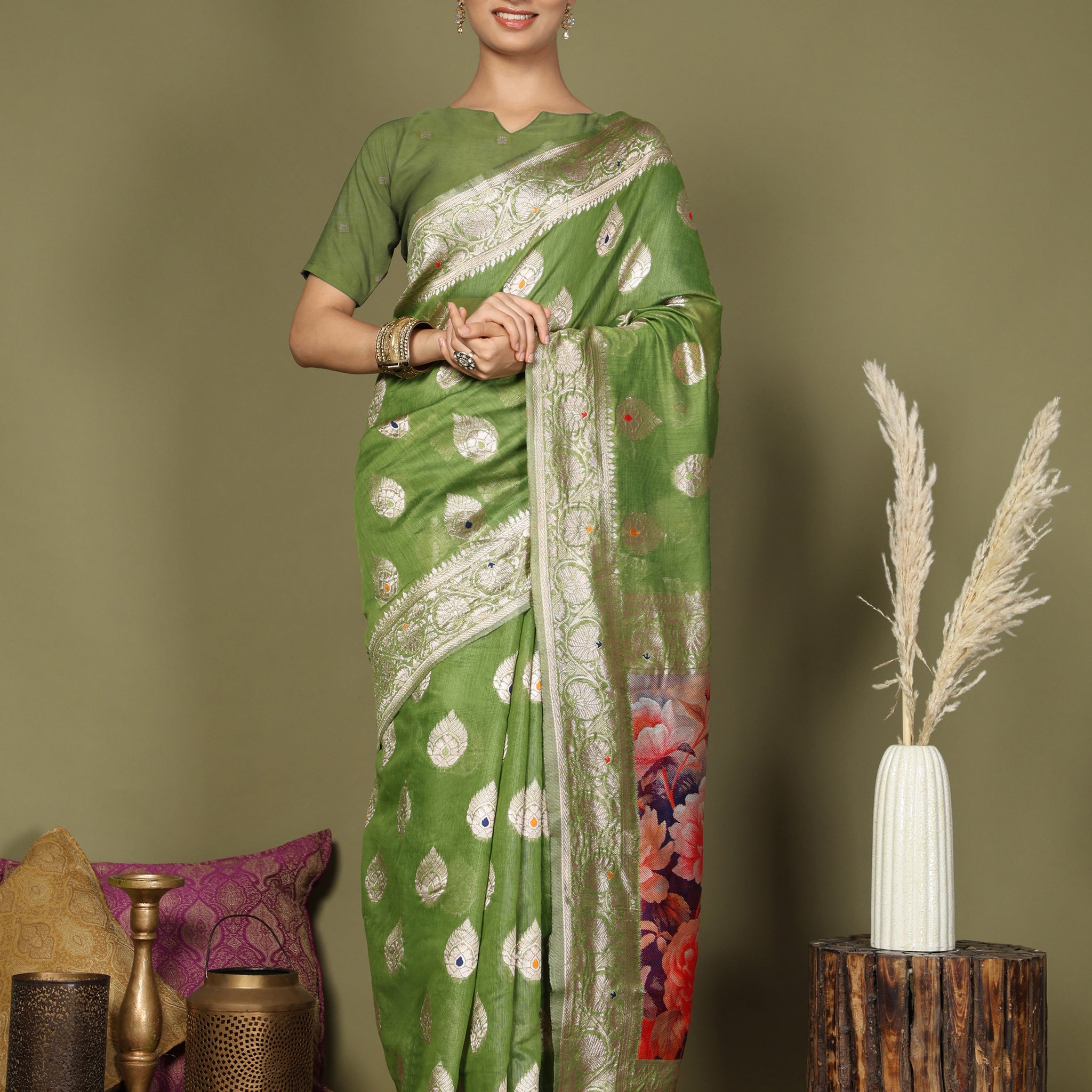 Green Linen Cotton Saree